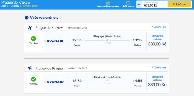 Ryanair Praha-Krakow a zpět za 678 Kč