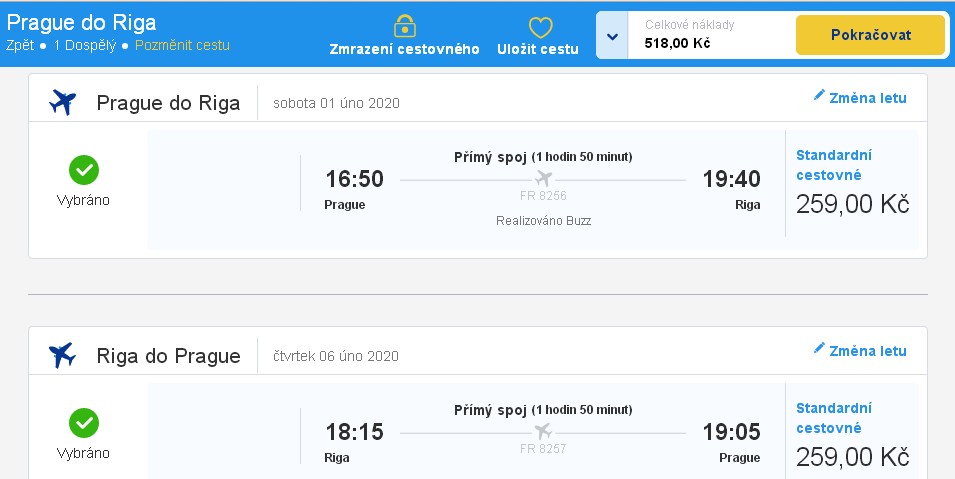 Letenky Ryanair Praha-Riga-Praha za 518 Kč